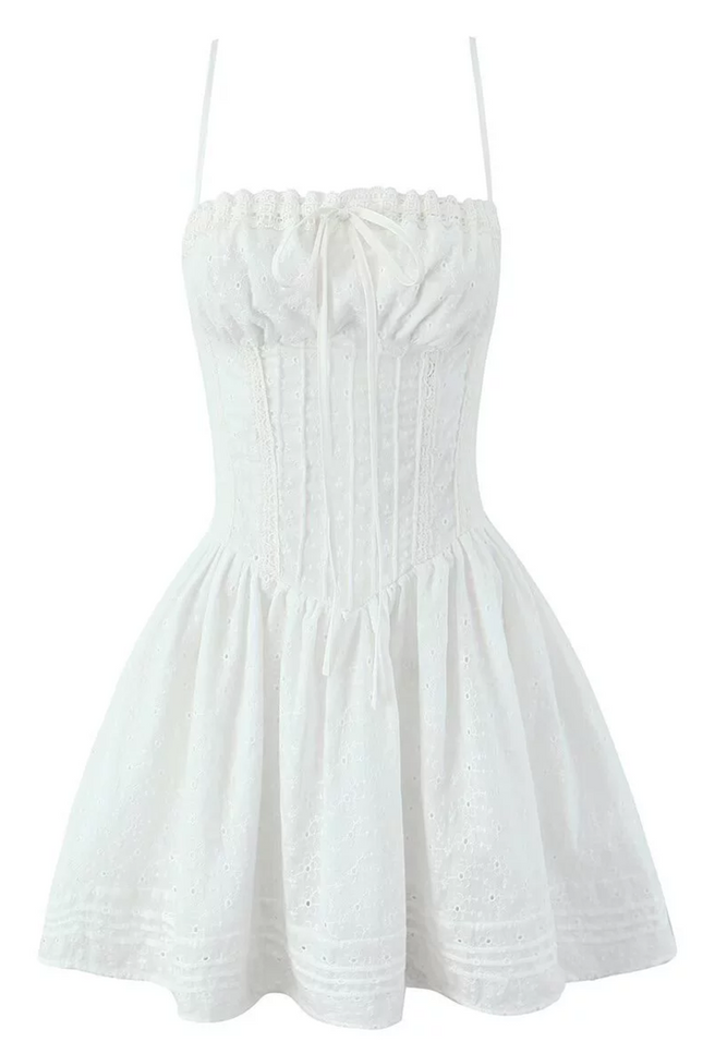 Onbely Robe Courte trapèze broderie anglaise strappy à fines brides blanc