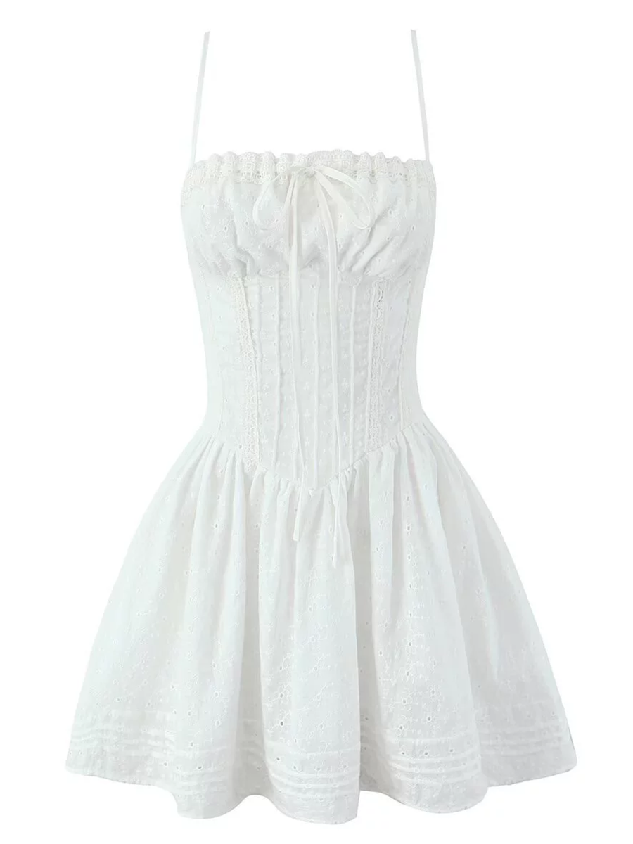 Onbely Robe Courte trapèze broderie anglaise strappy à fines brides blanc