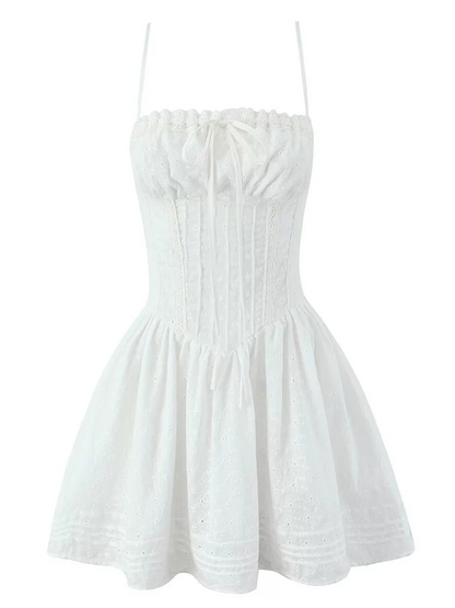 Onbely Robe Courte trapèze broderie anglaise strappy à fines brides blanc