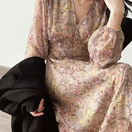 Onbely robe longue imprimé à fleurie manches longues élégant - onbely