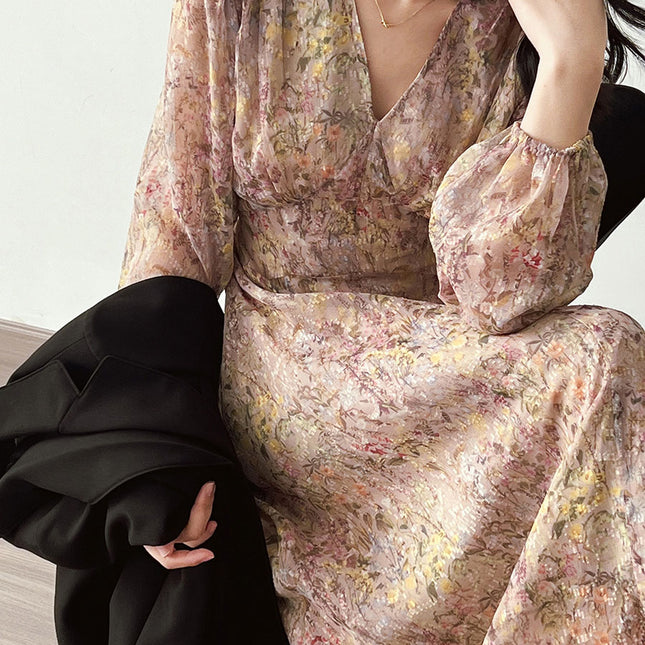 Onbely robe longue imprimé à fleurie manches longues élégant - onbely