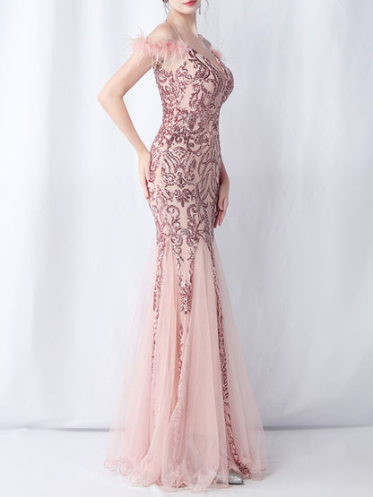 Onbely robe de soirée maxi longue en paillettes brillantes avec plumes pour un mariage femme cérémonie