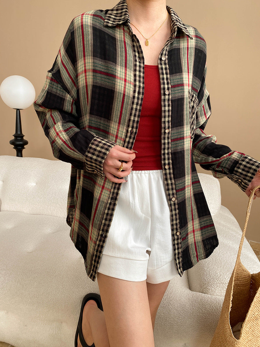 Onbely Casual Loose Plaid Cotton Long Sleeve Shirt for Sun Protection