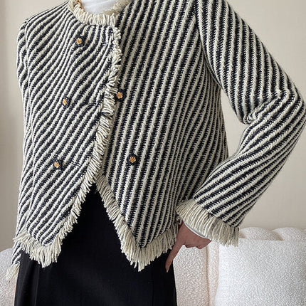 Onbely veste courte rayée en tweed avec frange et poches pour femme élégante