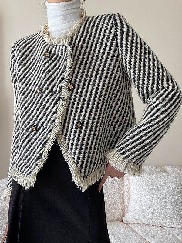 Onbely veste courte rayée en tweed avec frange et poches pour femme élégante