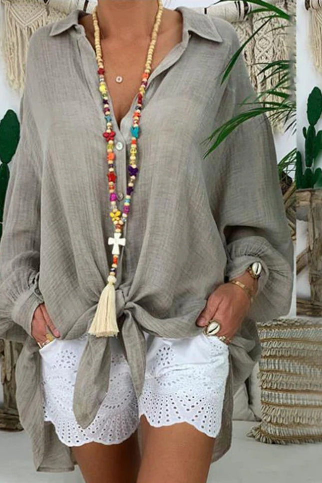 Onbely mi-longue blouse robe oversized boutonnage manches longues femme bohème chemisier boho dress