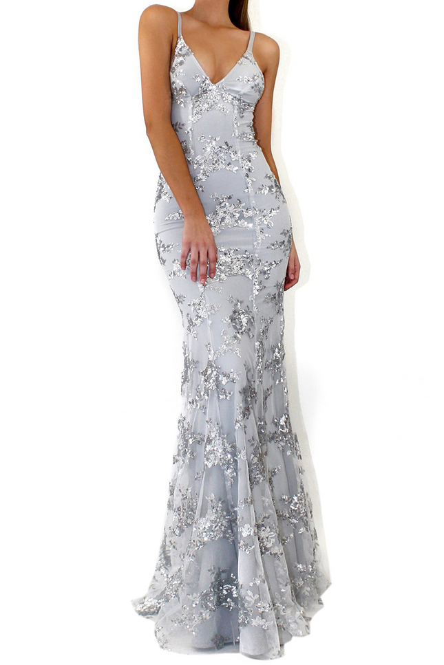 Onbely Robe maxi longue sirene brillante paillette à fines brides dos nu de soirée