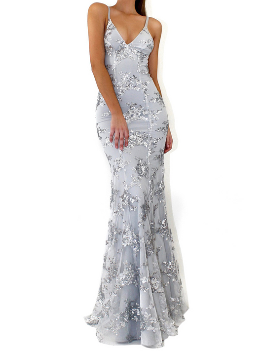Onbely Robe maxi longue sirene brillante paillette à fines brides dos nu de soirée