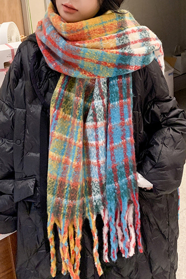 Onbely écharpe carreaux avec frange vintage