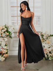 Onbely robe longue en satin fendue sur le côté dos nu à fines bretelles sans manches femme élégante soirée mariage cérémonie