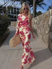 Onbely robe longue en satin imprimée à fleurs une épaule manches longues élégante décontractée soirée plage été