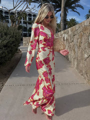 Onbely robe longue en satin imprimée à fleurs une épaule manches longues élégante décontractée soirée plage été
