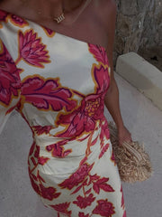 Onbely robe longue en satin imprimée à fleurs une épaule manches longues élégante décontractée soirée plage été