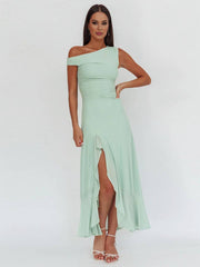 Onbely robe longue moulante en tulle une épaule fendue sur le côté à volants sans manches femme élégante de soirée bal de promo