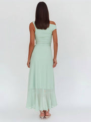 Onbely robe longue moulante en tulle une épaule fendue sur le côté à volants sans manches femme élégante de soirée bal de promo