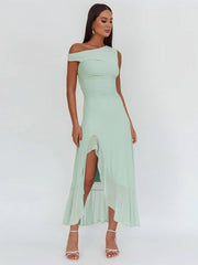 Onbely robe longue moulante en tulle une épaule fendue sur le côté à volants sans manches femme élégante de soirée bal de promo
