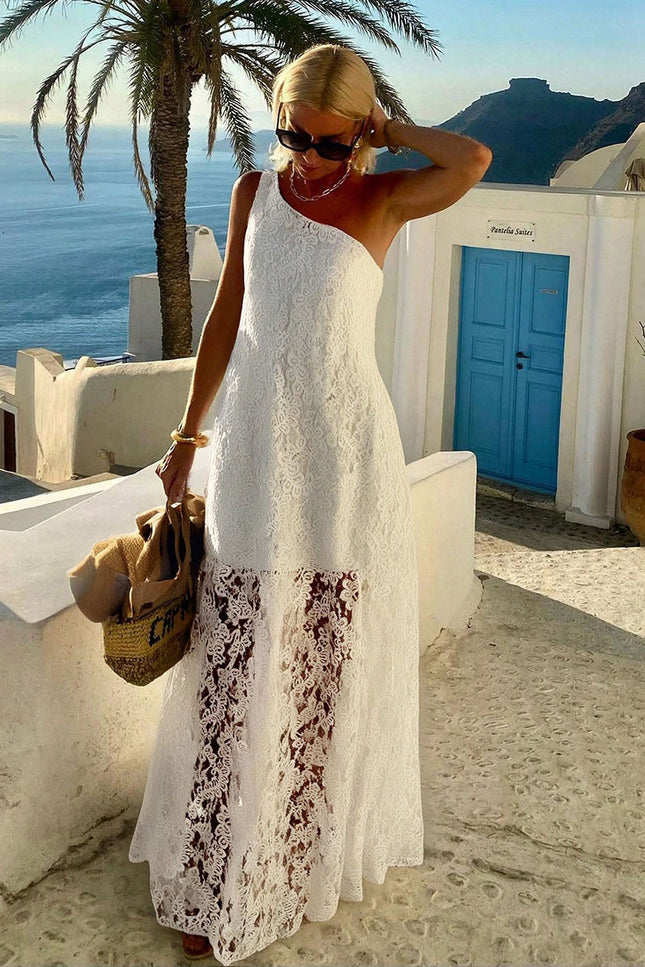 Onbely robe femme longue en dentelle broderie anglaise une epaule fendue le cote sans manches style boheme decontracte plage boho dress