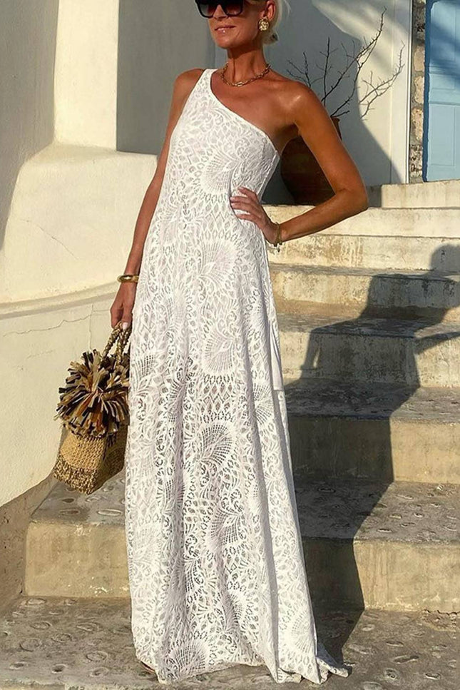 Onbely robe femme longue en dentelle broderie anglaise une epaule fendue le cote sans manches style boheme decontracte plage boho dress