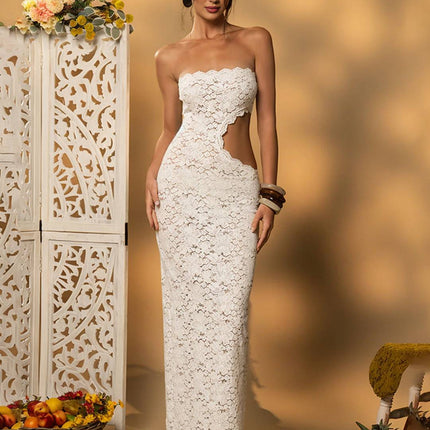 Onbely robe femme longue moulante en dentelle bustier decoupes fendue sans manches style elegant simple vintage bal de promo