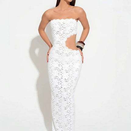 Onbely robe femme longue moulante en dentelle bustier decoupes fendue sans manches style elegant simple vintage bal de promo