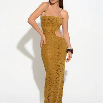 Onbely robe femme longue moulante en dentelle bustier decoupes fendue sans manches style elegant simple vintage bal de promo