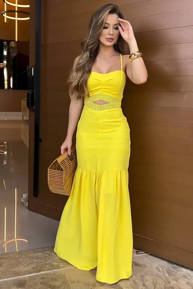 Onbely robe longue moulante à fines brides fendue découpes à volants sans manches femme élégante décontractée bal de promo de plage