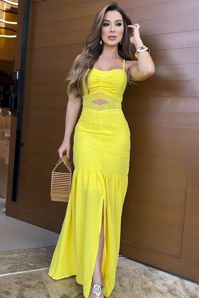 Onbely robe longue moulante à fines brides fendue découpes à volants sans manches femme élégante décontractée bal de promo de plage