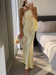 Onbely robe longue en satin moulante une épaule licou dos nu sans manches femme douce élégante bal de promo plage