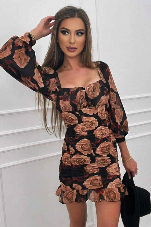 Onbely robe courte moulante fleurie col carré manches longues femme élégante décontractée de cocktail