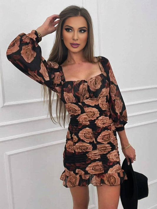 Onbely robe courte moulante fleurie col carré manches longues femme élégante décontractée de cocktail
