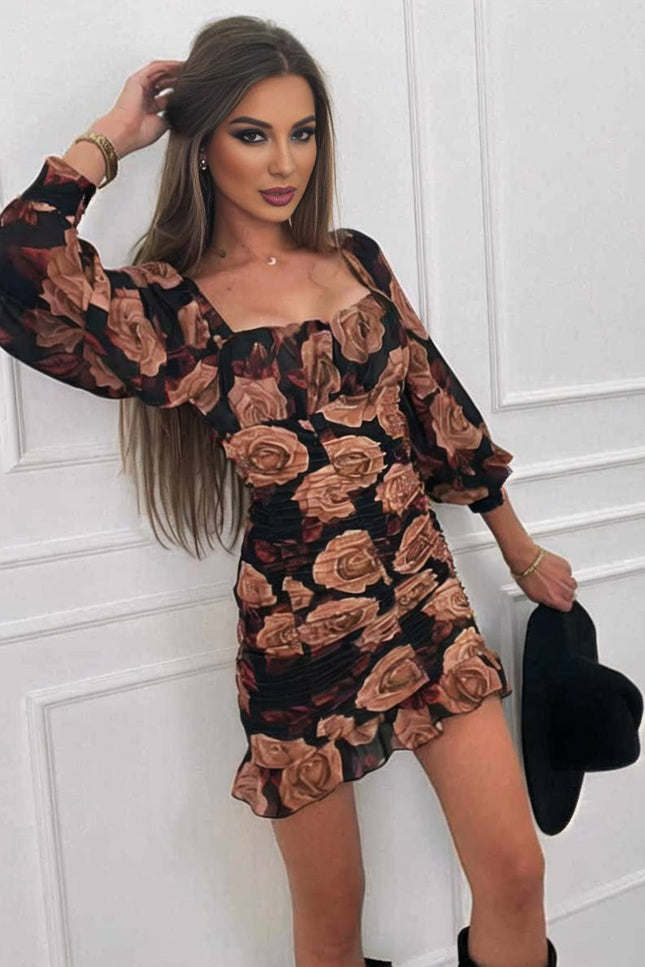 Onbely robe courte moulante fleurie col carré manches longues femme élégante décontractée de cocktail