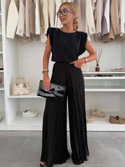 Onbely ensembles deux pièces femme boho décontracté avec hauts sans manches col rond et pantalon plissé évasé à jambes larges