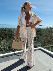 Onbely ensembles deux pièces femme boho décontracté en dentelle broderie anglaise avec pantalon et haut col chemise manches courtes