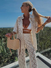 Onbely ensembles deux pièces femme boho décontracté en dentelle broderie anglaise avec pantalon et haut col chemise manches courtes