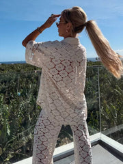 Onbely ensembles deux pièces femme boho décontracté en dentelle broderie anglaise avec pantalon et haut col chemise manches courtes