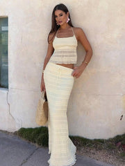 Onbely tenue ensemble deux pièces avec longue jupe mousseline dos nu licou sans manches débardeur femme bohème décontractée
