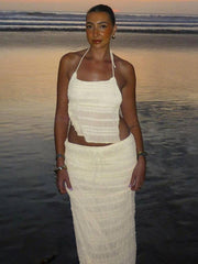 Onbely tenue ensemble deux pièces avec longue jupe mousseline dos nu licou sans manches débardeur femme bohème décontractée