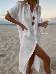 Onbely robe chemise longue coton lin femme oversized décontracté fendu boutonnage col chemise manches longues blouse de plage