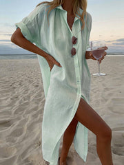 Onbely robe chemise longue coton lin femme oversized décontracté fendu boutonnage col chemise manches longues blouse de plage