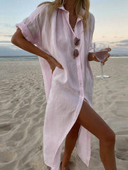 Onbely robe chemise longue coton lin femme oversized décontracté fendu boutonnage col chemise manches longues blouse de plage