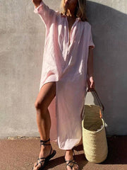 Onbely robe chemise longue coton lin femme oversized décontracté fendu boutonnage col chemise manches longues blouse de plage