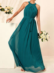 Onbely Elegant Long Chiffon Bridesmaid Dress with Belt