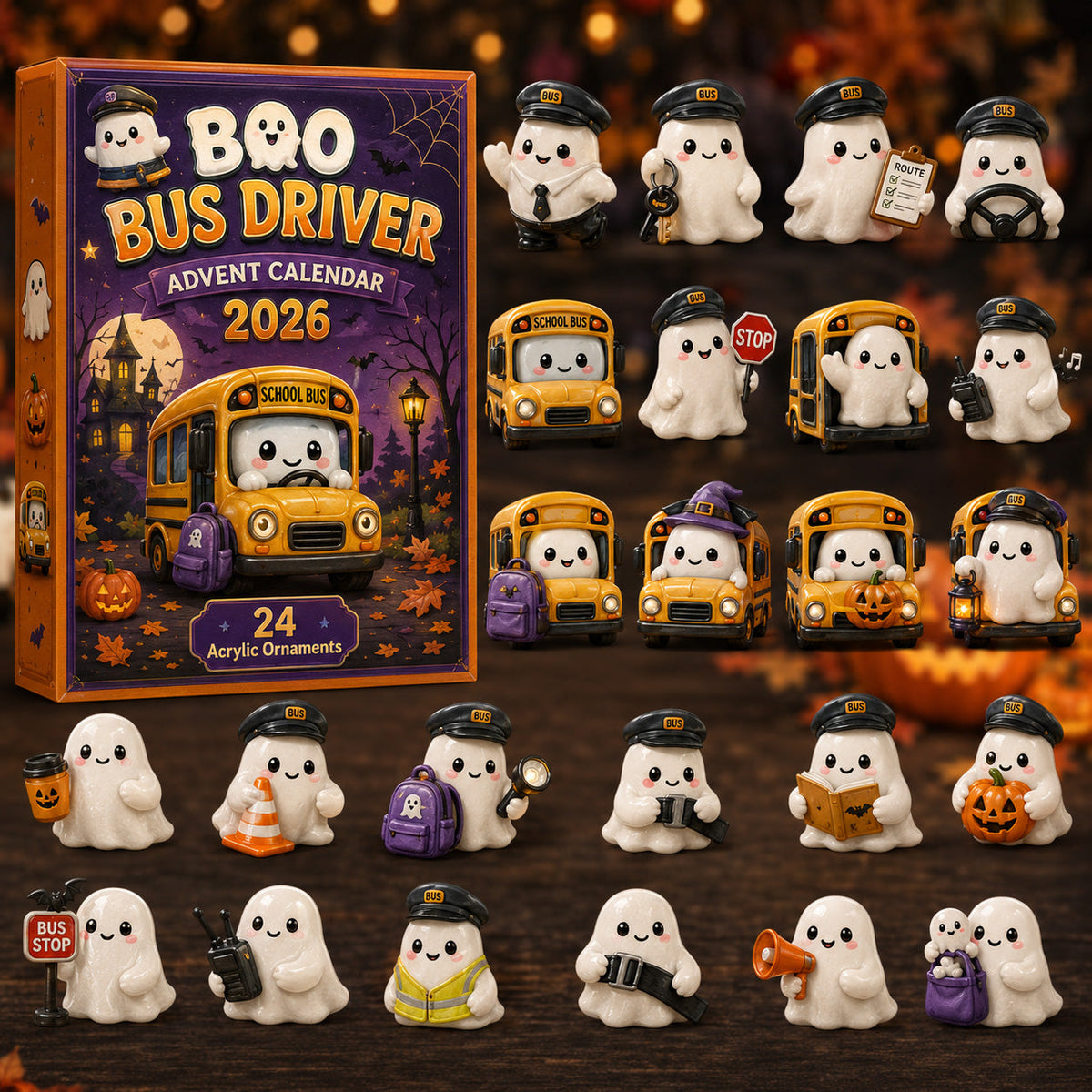 HALLOWEEN KICKOFF 40% OFF - Boo Bus Driver Advent Calendar 2026 - 24-Day Festive Countdown, Acrylic Charms Blind Box - Gift For Family & Friends AC0HT474