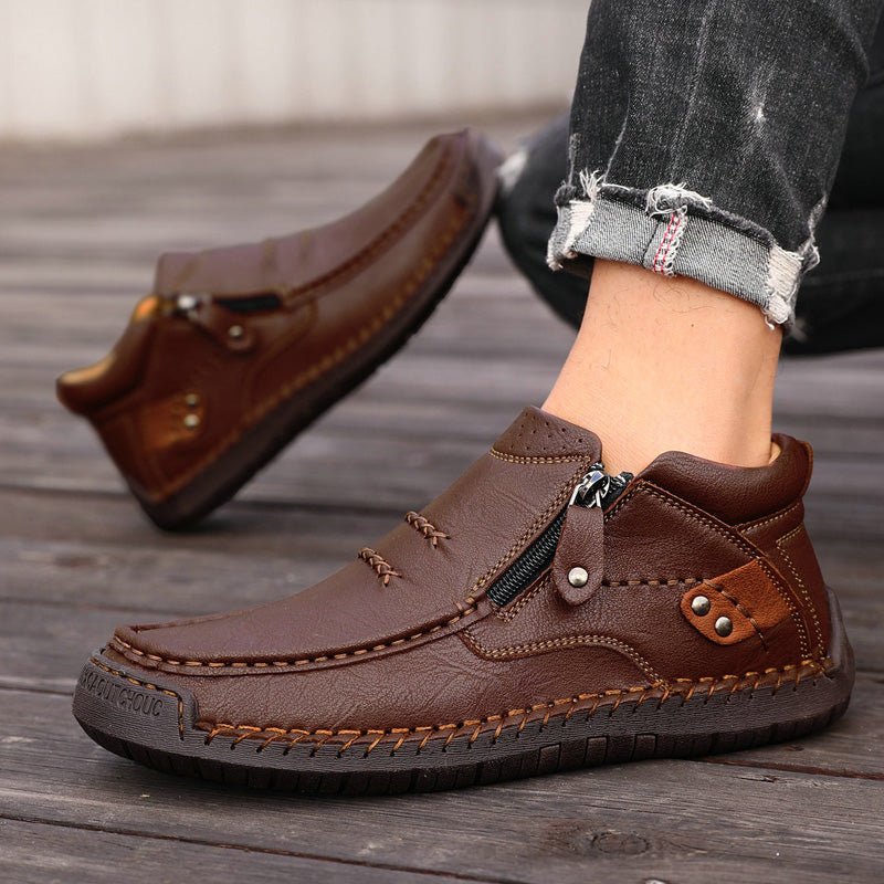 Bottes basses en cuir orthopédiques pour hommes | Chaussures décontractées à fermeture éclair et large coupe