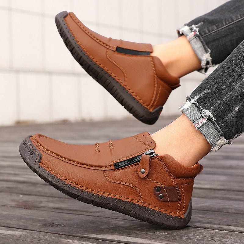 Bottes basses en cuir orthopédiques pour hommes | Chaussures décontractées à fermeture éclair et large coupe