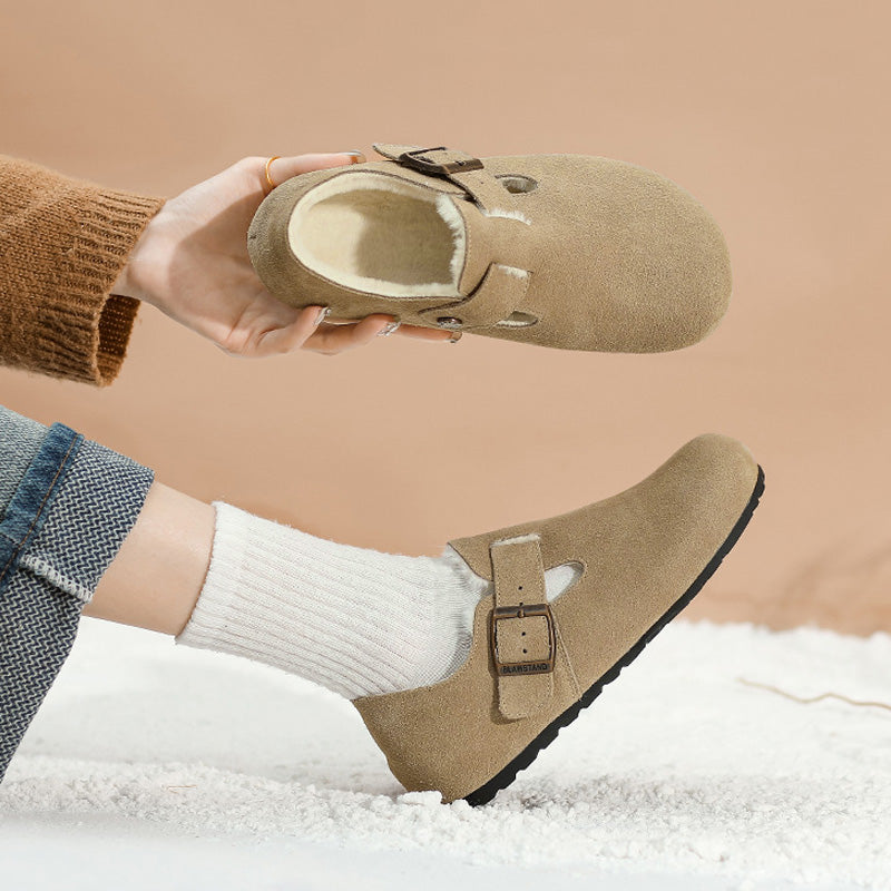 Mocassins en Suède Doublés Polaire pour Femmes avec Soutien de la Voûte Plantaire | Chaussures à Boucle