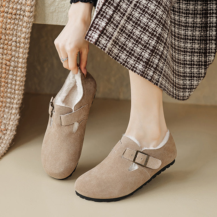 Mocassins en Suède Doublés Polaire pour Femmes avec Soutien de la Voûte Plantaire | Chaussures à Boucle