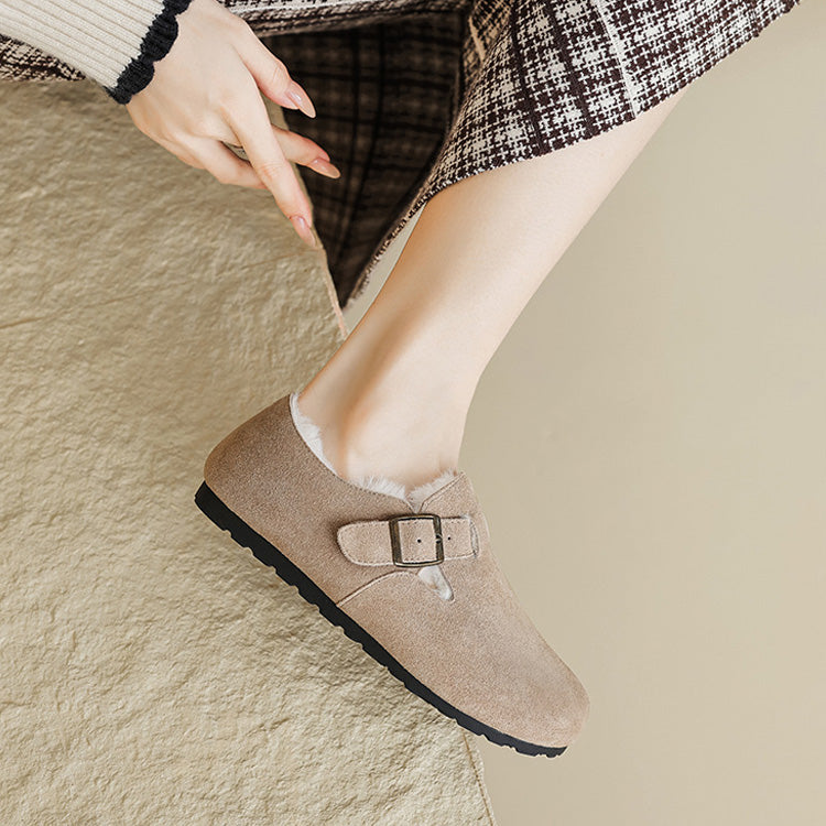 Mocassins en Suède Doublés Polaire pour Femmes avec Soutien de la Voûte Plantaire | Chaussures à Boucle