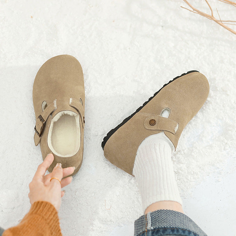 Mocassins en Suède Doublés Polaire pour Femmes avec Soutien de la Voûte Plantaire | Chaussures à Boucle