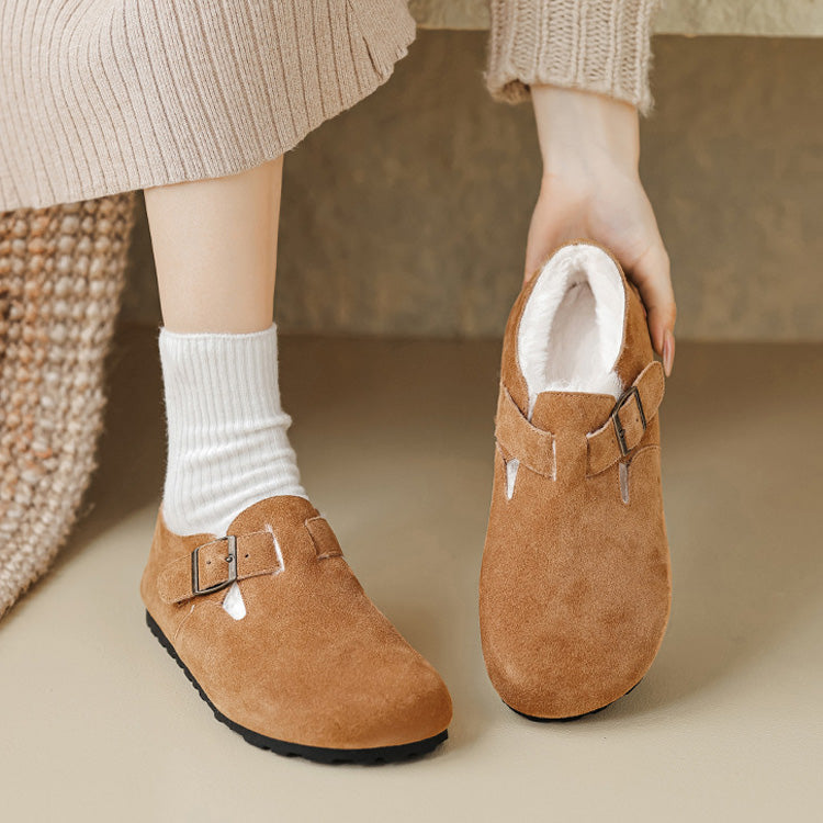 Mocassins en Suède Doublés Polaire pour Femmes avec Soutien de la Voûte Plantaire | Chaussures à Boucle